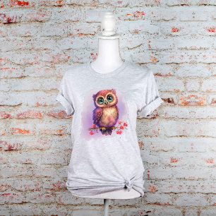 Cute Watercolor Owl Perched on Branch with Floral T-Shirt
