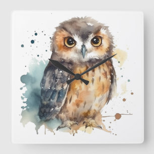 Cute Watercolor Owl Square Wall Clock