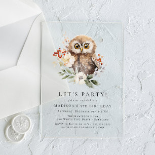 Cute Watercolor Owl Winter Birthday Party Acrylic Invitations