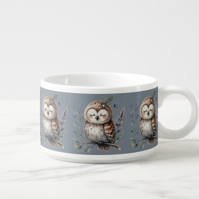 Cute Watercolor Owl with Floral Woodland Style Bowl (Left)