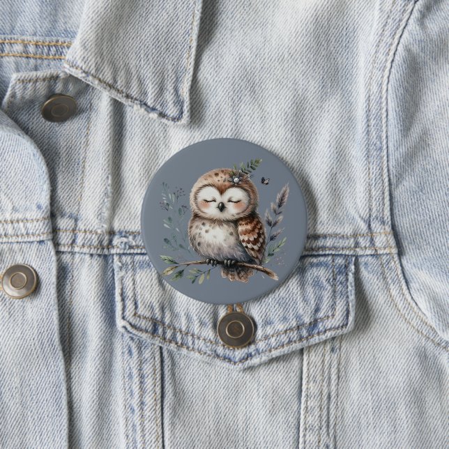 Cute Watercolor Owl with Floral Woodland Style Button (In Situ)