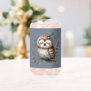 Cute Watercolor Owl with Floral Woodland Style Can Glass
