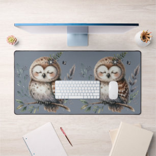 Cute Watercolor Owl with Floral Woodland Style Desk Mat