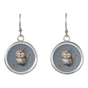 Cute Watercolor Owl with Floral Woodland Style Earrings