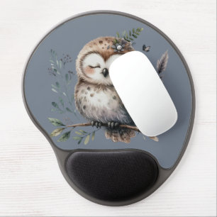 Cute Watercolor Owl with Floral Woodland Style Gel Mouse Pad