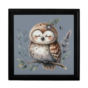Cute Watercolor Owl with Floral Woodland Style Gift Box