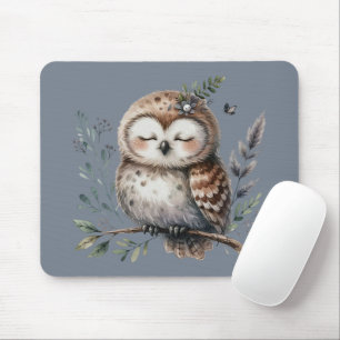 Cute Watercolor Owl with Floral Woodland Style Mouse Pad