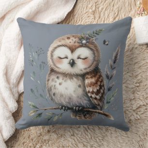 Cute Watercolor Owl with Floral Woodland Style Throw Pillow