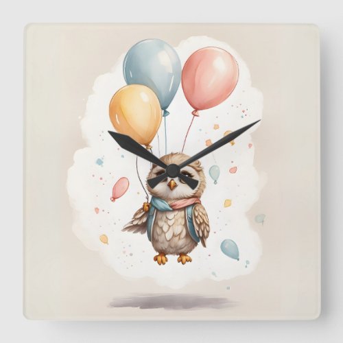 Cute Watercolor Owl Yellow Blue Balloons Nursery Square Wall Clock