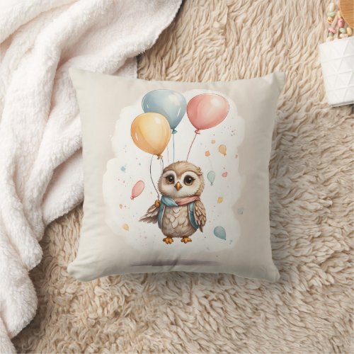 Cute Watercolor Owl Yellow Blue Balloons Nursery Throw Pillow