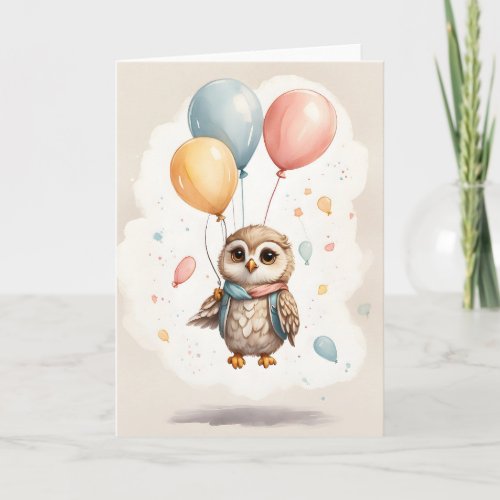 Cute Watercolor Owl Yellow Blue Red Balloons Blank Card