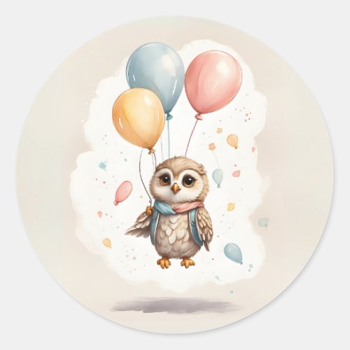 Cute Watercolor Owl Yellow Blue Red Balloons Classic Round Sticker