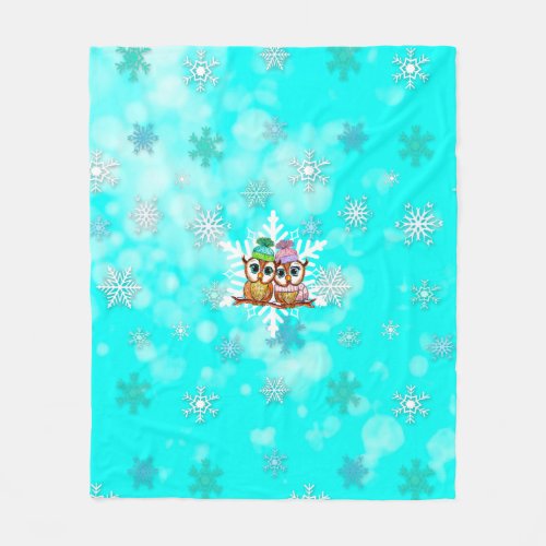 Cute Watercolor Owls and Snowflakes Teal Christmas Fleece Blanket