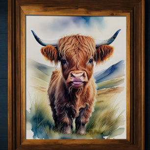 Cute Watercolor Painting of a Highland Cow 5:4 Poster