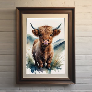 Cute Watercolor Painting of a Highland Cow 5:4 Poster