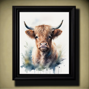 Cute Watercolor Painting of a Highland Cow 5:4 Poster