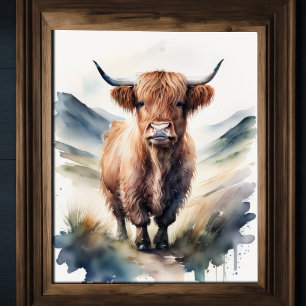 Cute Watercolor Painting of a Highland Cow 5:4 Poster