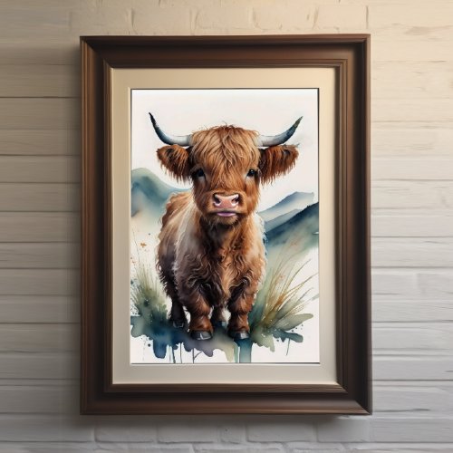 Cute Watercolor Painting of a Highland Cow 54 Poster