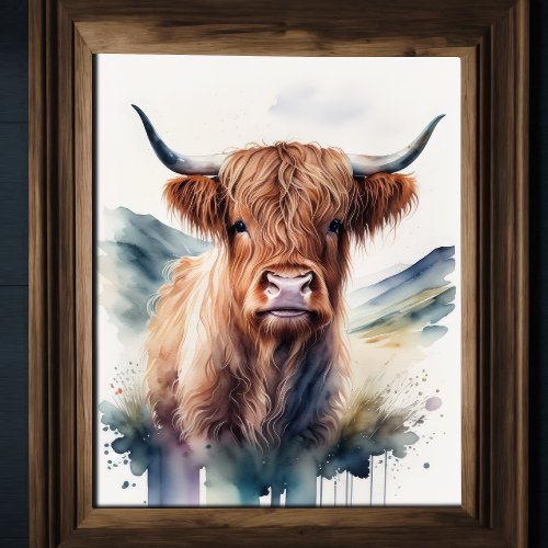 Cute Watercolor Painting of a Highland Cow 54 Poster