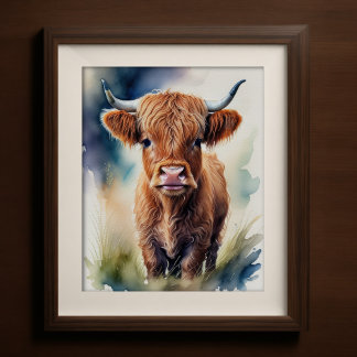 Cute Watercolor Painting of a Highland Cow 5:4 Poster