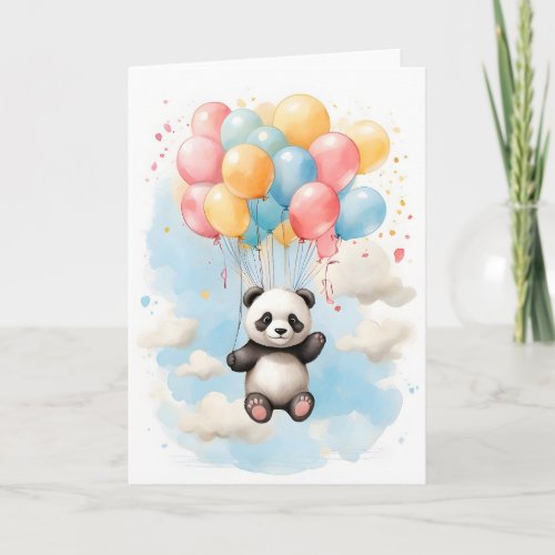 Cute Watercolor Panda Bear Big Balloons Blank Card