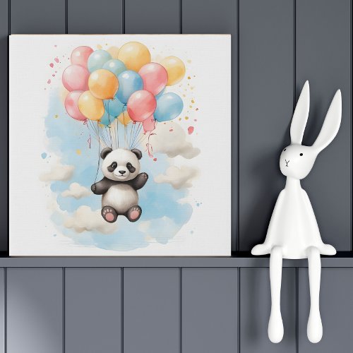 Cute Watercolor Panda Bear Big Balloons Nursery Faux Canvas Print