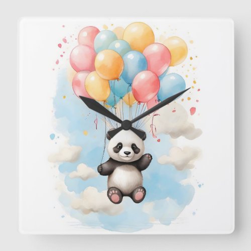 Cute Watercolor Panda Bear Big Balloons Nursery Square Wall Clock