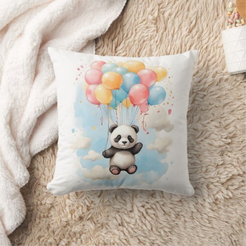 Cute Watercolor Panda Bear Big Balloons Nursery Throw Pillow