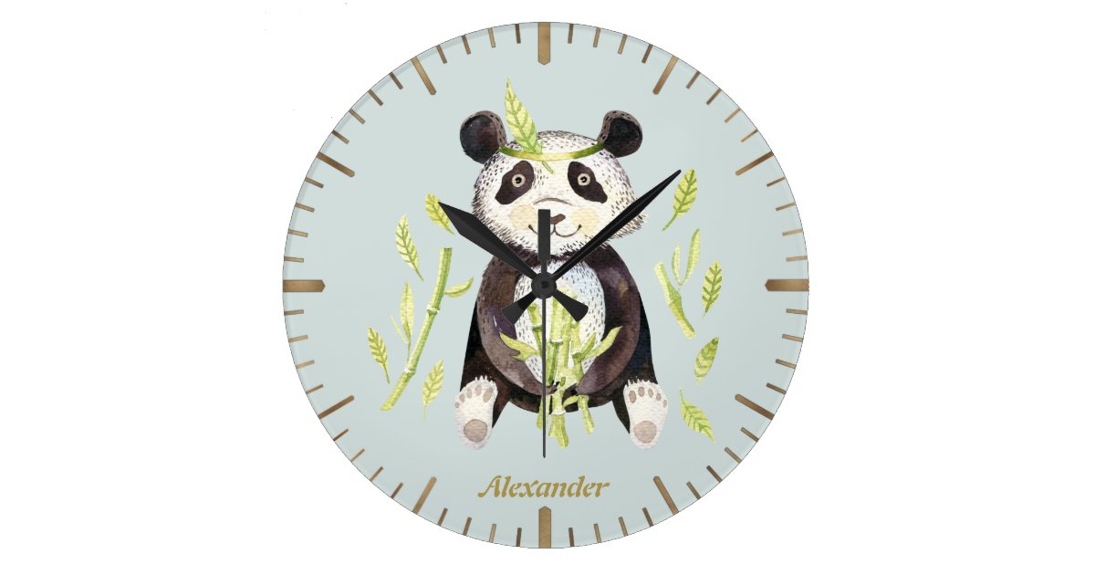 Cute Watercolor Panda Bear Gold Roman Monogram Large Clock Zazzle Com