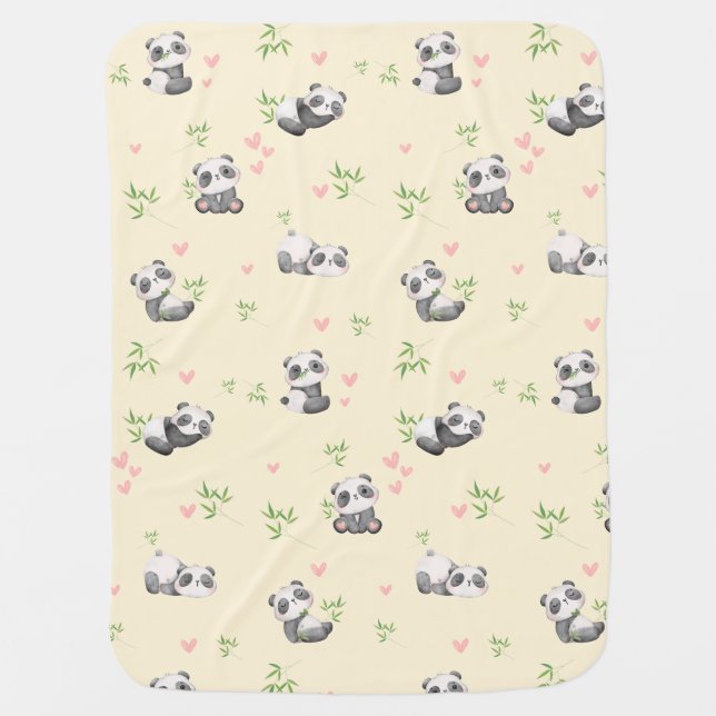 Cute Watercolor Panda Pattern | Bamboo & Hearts Baby Blanket (Front)