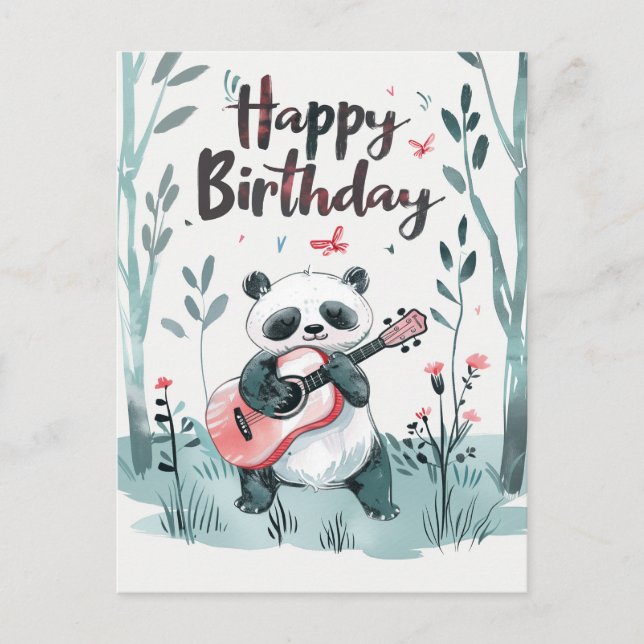 Cute watercolor Panda playing guitar Birthday Postcard (Front)