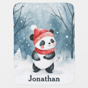 Cute Watercolor Panda Winter Forest Personalized Baby Blanket