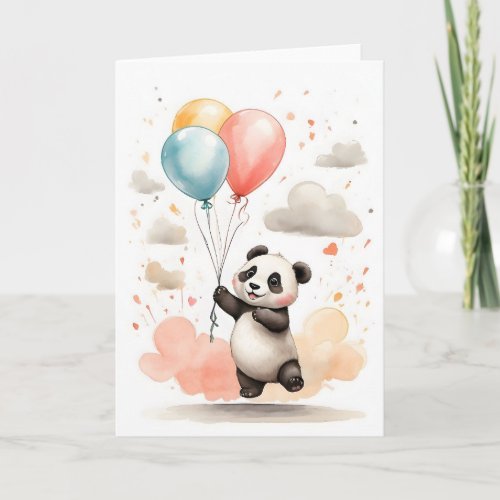 Cute Watercolor Panda Yellow Blue Balloons Blank Card