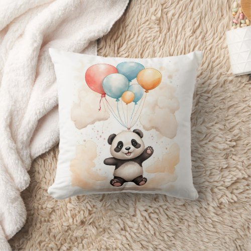 Cute Watercolor Panda Yellow Blue Balloons Nursery Throw Pillow