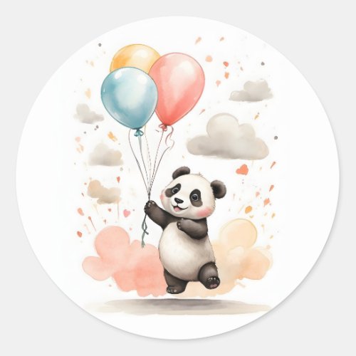 Cute Watercolor Panda Yellow Blue Red Balloons Classic Round Sticker