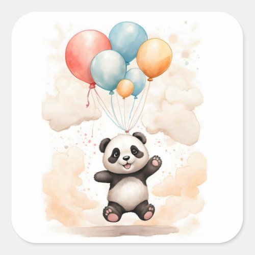 Cute Watercolor Panda Yellow Blue Red Balloons Square Sticker