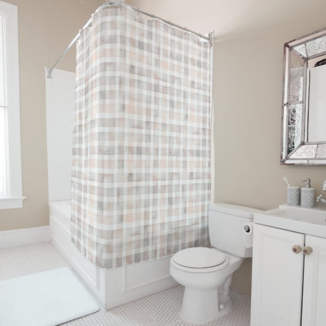 Cute Watercolor Pastel Checkered Pattern Kid's Shower Curtain (In Situ)