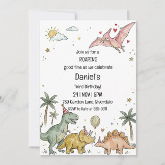 Cute Watercolor Pastel Dinosaur Third Birthday Invitation