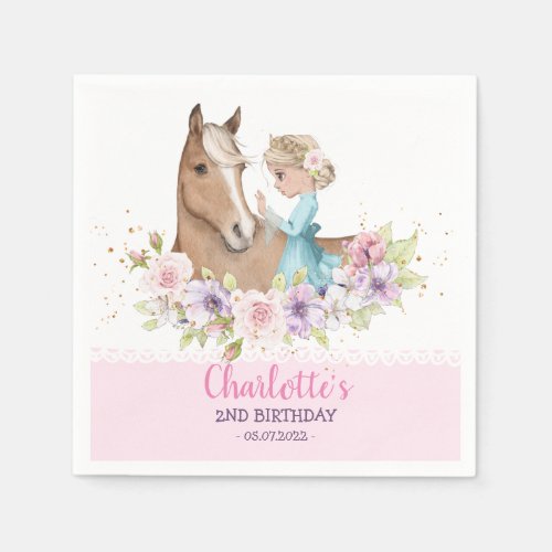 Cute Watercolor Pastel Princess and Horse Birthday Napkins