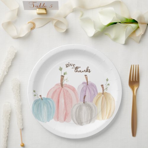 Cute Watercolor Pastel Pumpkins Give Thanks Paper Plates