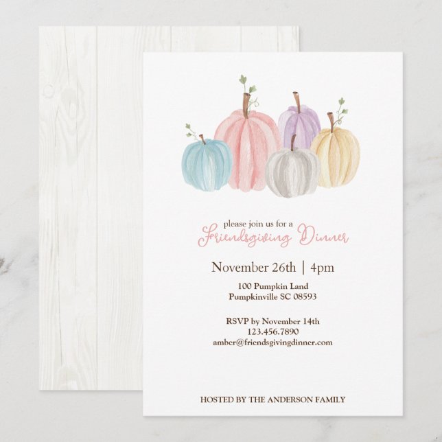 Cute Watercolor Pastel Pumpkins Thanksgiving Invitation (Front/Back)