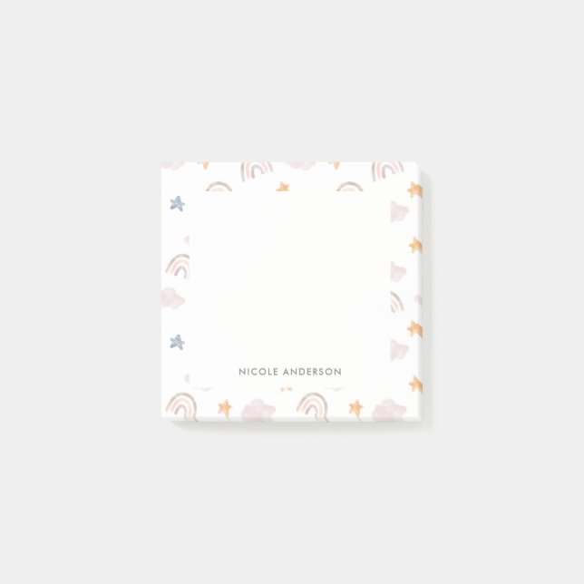 Cute Watercolor Pastel Rainbow Cloud Stars Post-it Notes (Front)