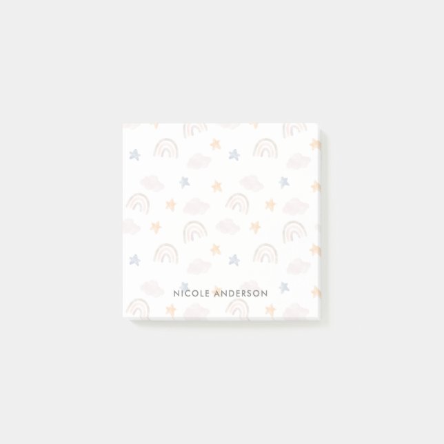 Cute Watercolor Pastel Rainbow Cloud Stars Post-it Notes (Front)