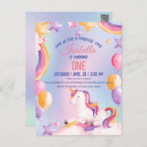 Cute Watercolor pastel Unicorns Rainbow Birthday Postcard