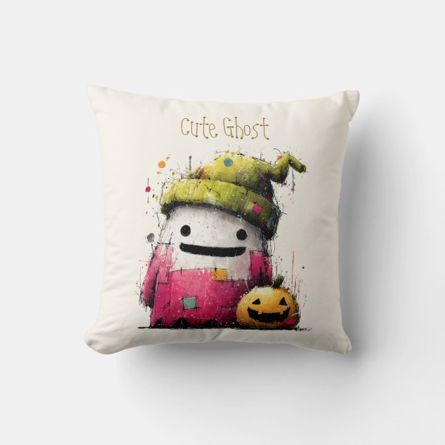 Cute Watercolor Patchwork Ghost Hallow Throw Pillow (Front)
