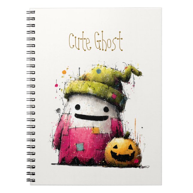 Cute Watercolor Patchwork Ghost Halloween Notebook (Front)