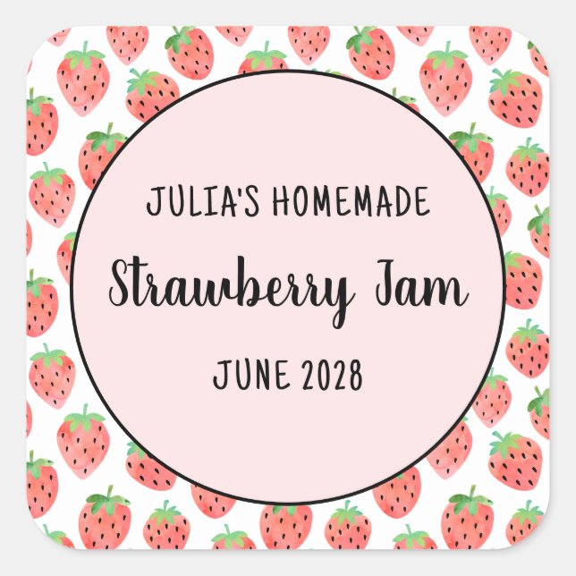 Cute Watercolor Pattern Strawberry Jam Square Sticker (Front)