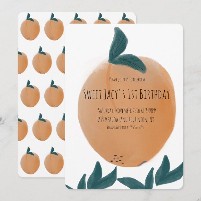 Cute Watercolor Peach Sweet Birthday Invitation (Front/Back)