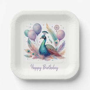Cute Watercolor Peacock Balloons Birthday  Paper Plates