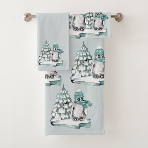 Cute Watercolor Penguin Arctic Snow Pine Tree Bath Towel Set